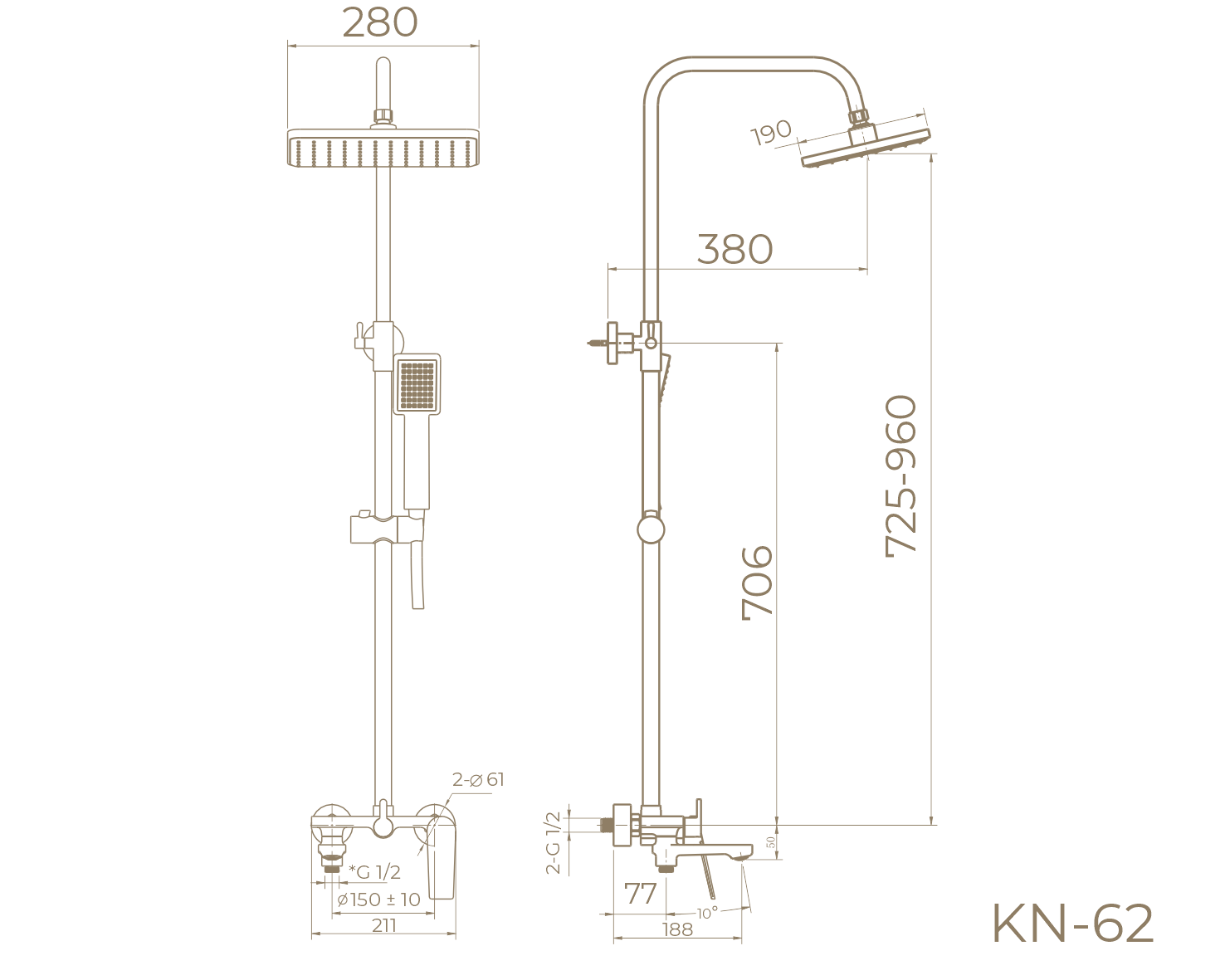 Душевая система с верхним тропическим душем KN-62/GM